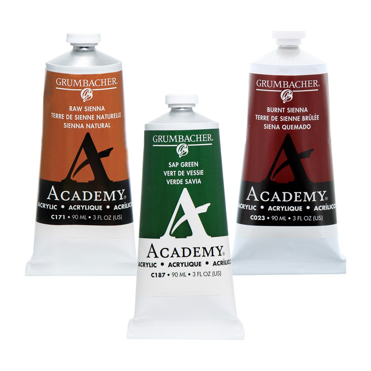 Grumbacher Academy Professional Acrylic Paint Set of 3 - 90ml Earth Tones Colors - Artist Grade Acrylic Paint Set with Premium Pigments, Semi-Gloss Sheen, ASTM Lightfast Rating 1